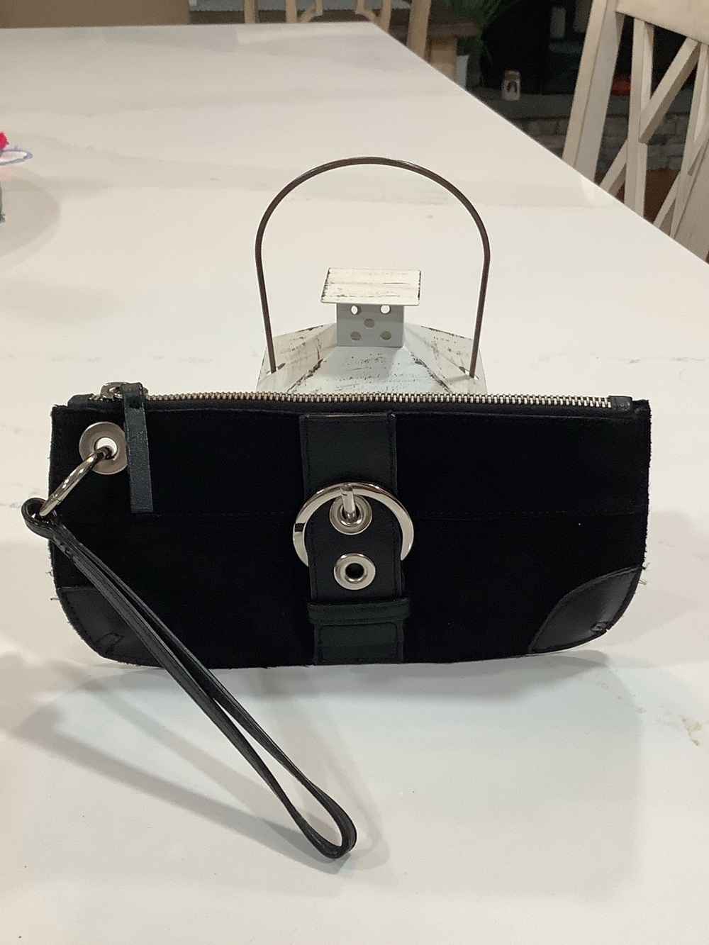 Bath & Body Works Black Suede Wristlet Clutch with Silver Hardware VINTAGE